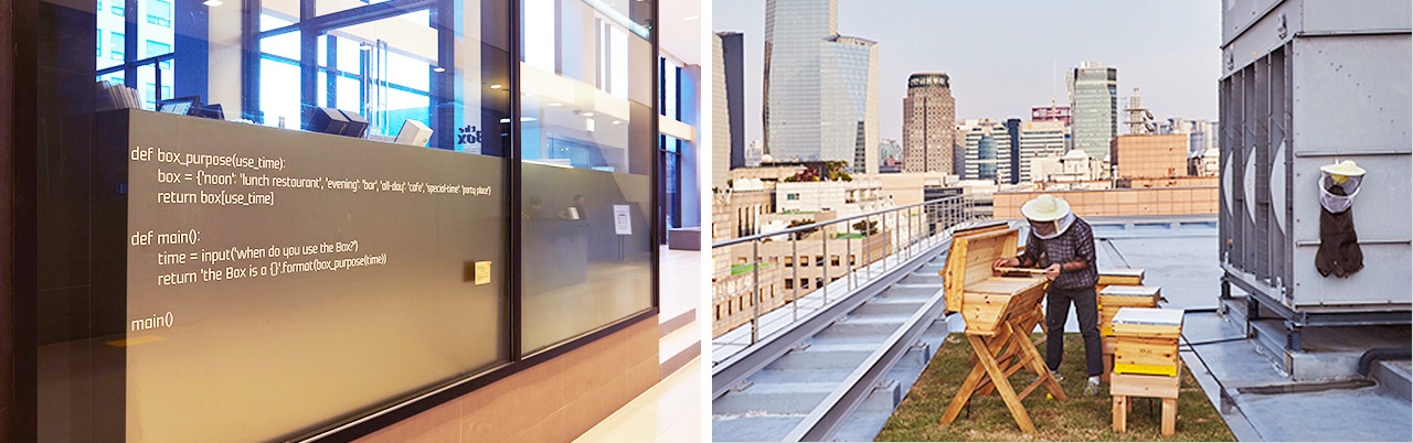 [Left] In-house restaurant ‘the BOX’ with coding language written on the wall [Right] Bee hives installed on the rooftop of Hyundai Card/Hyundai Capital last year