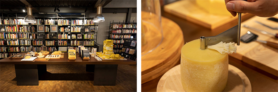 2층 열람실에는 치즈 관련 책부터 각종 도구까지 다양한 전시가 펼쳐진다. (오른쪽)치즈 전용 나이프라 불리는 ‘지롤’로 슬라이스하는 테트 드 무안 치즈.