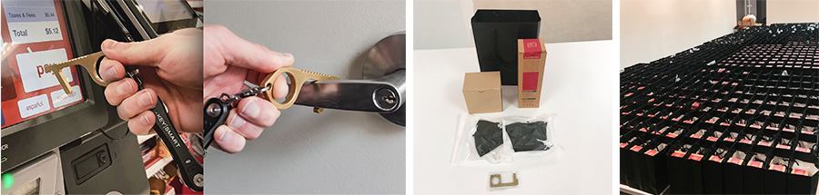 (Left: Smart keys using to touch ATMs and doorknobs, Center: “Care Kit” box designed for HCA employees, Right: Dozens of Care Kit boxes/ Hyundai Capital America)