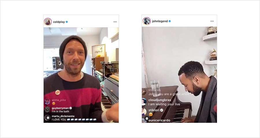 Coldplay frontman Chris Martin (left) and American R&B singer-song writer John Legend live streamed their performances on Instagram from their homes. (Source = Coldplay and John Legend Instagram screen capture)  